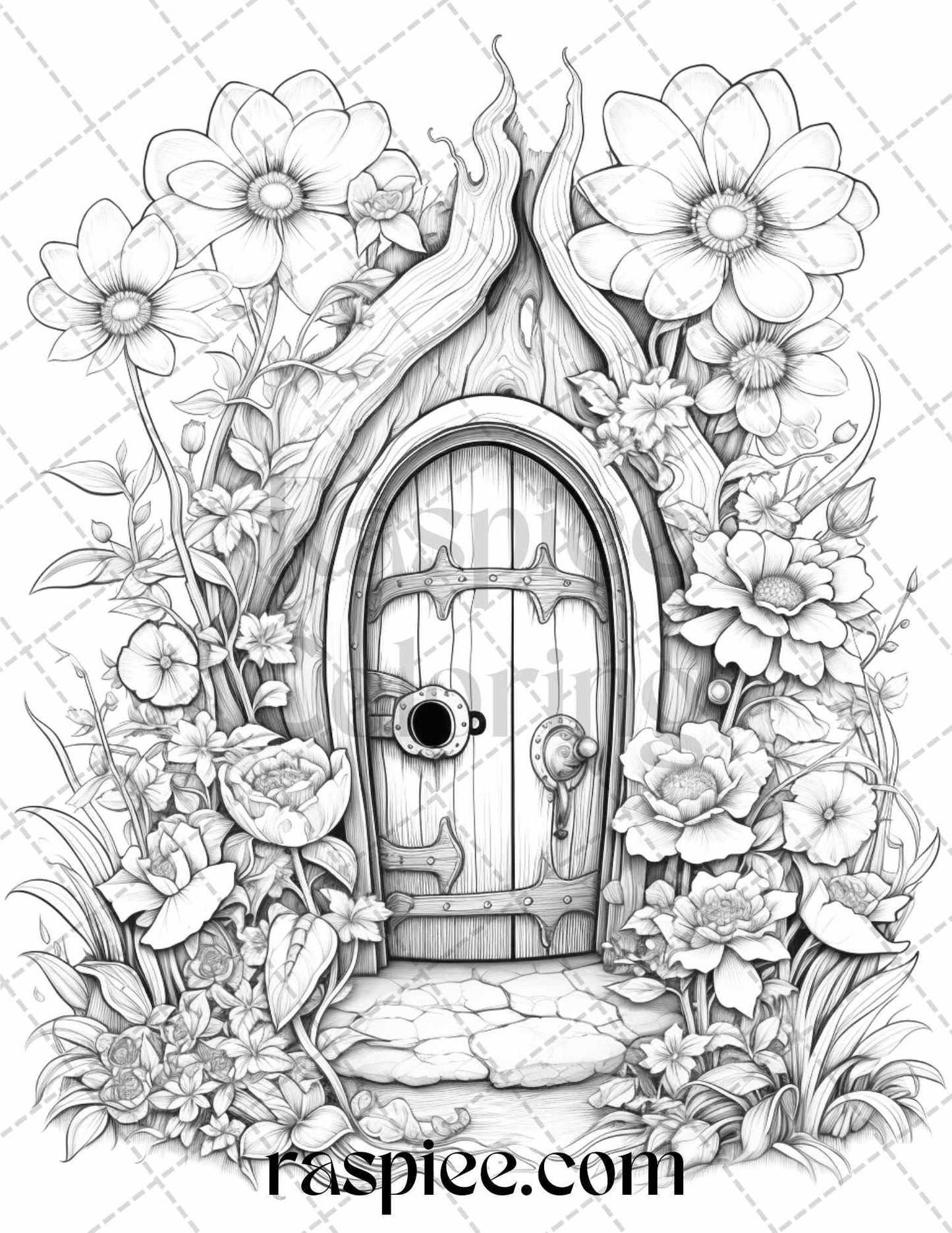 40 Flower Fairy Doors Grayscale Coloring Pages Printable for Adults, PDF File Instant Download