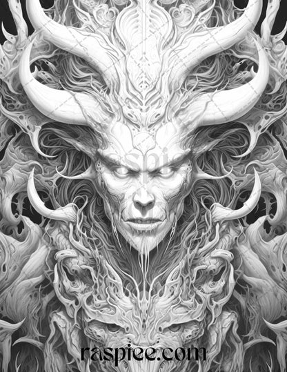 43 Fantasy Demons Grayscale Coloring Pages for Adults, Printable PDF File Instant Download