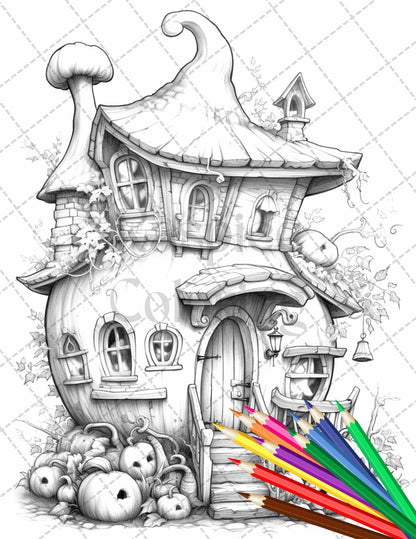 40 Pumpkin Fairy Houses Grayscale Coloring Pages Printable for Adults, PDF File Instant Download