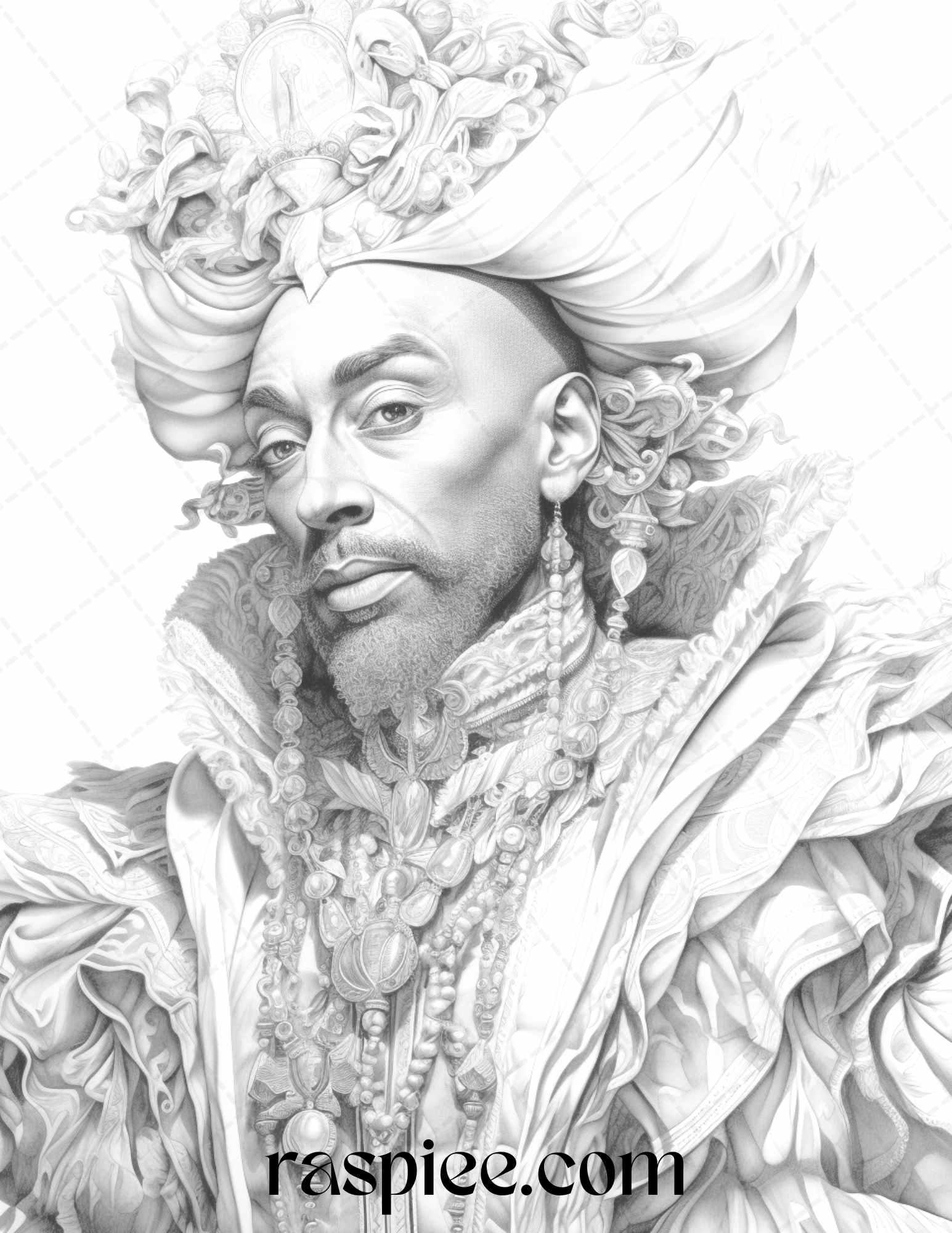 50 Baroque Man Portrait Grayscale Graysale Coloring Pages Printable for Adults, PDF File Instant Download