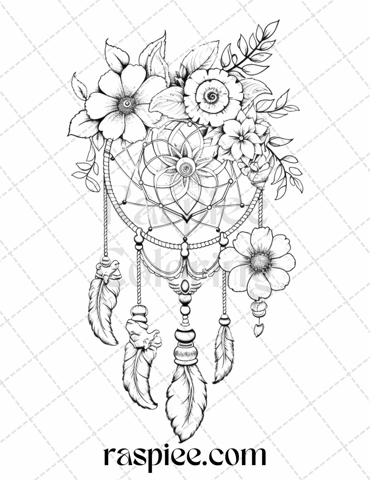 30 Flower Dreamcatcher Grayscale Coloring Pages Printable for Adults, PDF File Instant Download