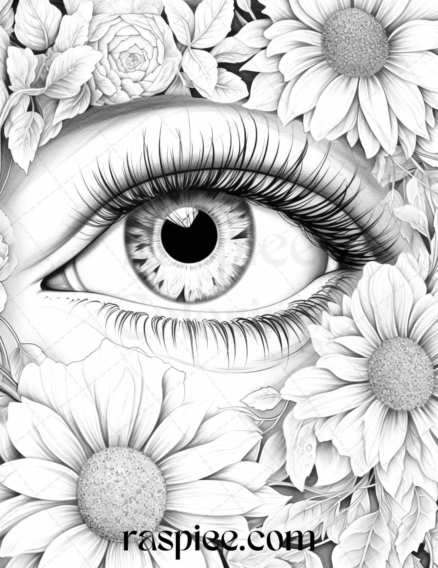 40 Charming Eyes Grayscale Coloring Pages Printable for Adults, PDF File Instant Download