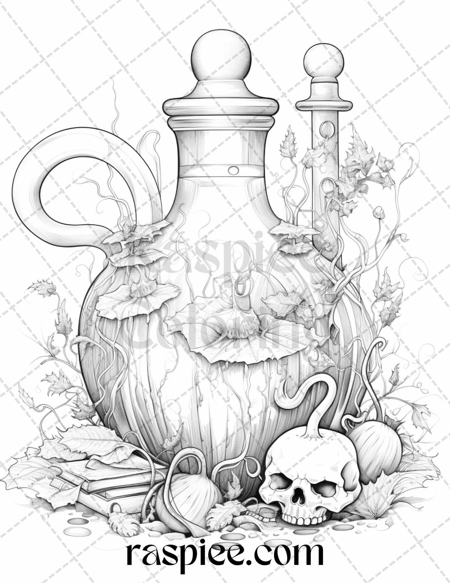 40 Mystical Magic Potions Grayscale Coloring Pages Printable for Adults, PDF File Instant Download