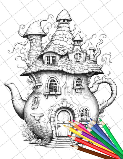 40 Teapot Fairy Houses Grayscale Coloring Pages Printable for Adults, PDF File Instant Download