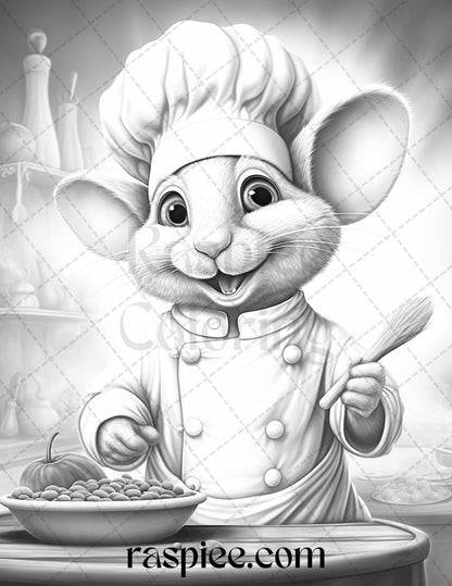 45 Mouse Chef Grayscale Coloring Pages Printable for Adults, PDF File Instant Download