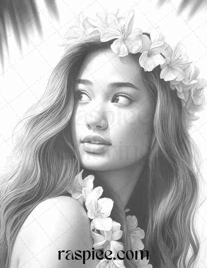 40 Hawaiian Girls Grayscale Coloring Pages Printable for Adults, PDF File Instant Download