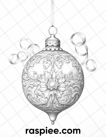 40 Christmas Balls Grayscale Coloring Pages Printable for Adults, PDF File Instant Download