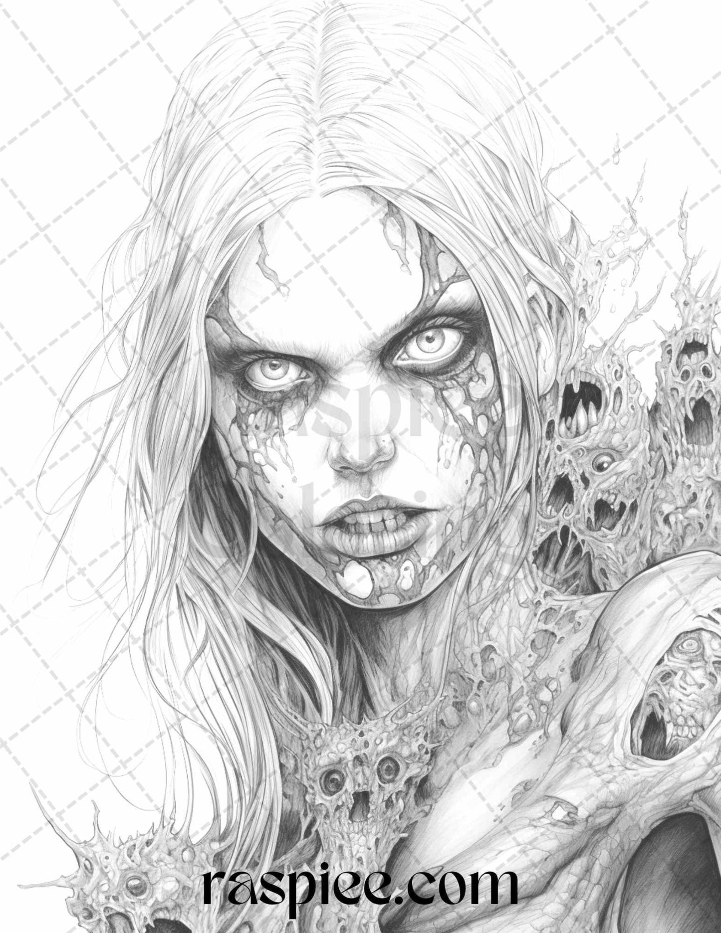 40 Scary Zombie Girls Grayscale Coloring Pages Printable for Adults, PDF File Instant Download