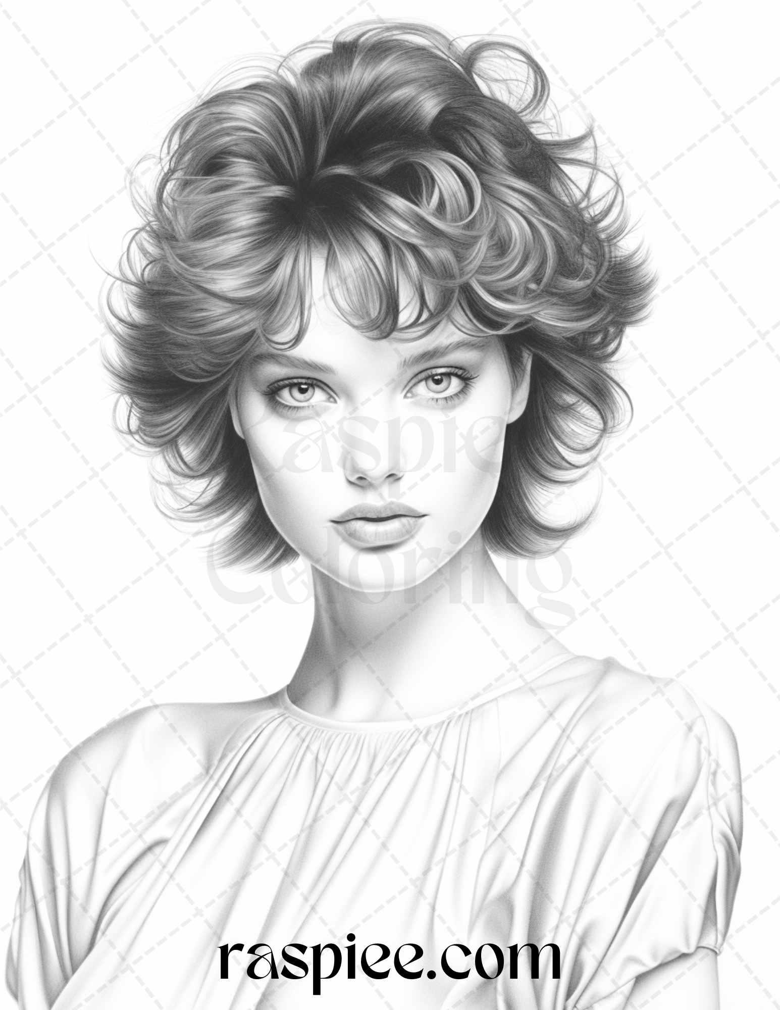 1980s Retro Beautiful Women Grayscale Coloring Pages for Adults, PDF File Instant Download