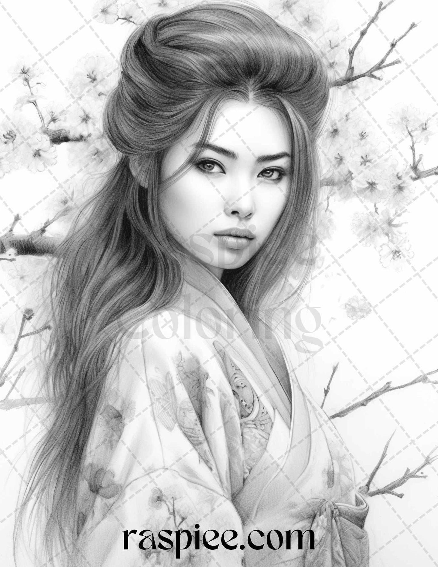 40 Beautiful Japanese Girls Grayscale Coloring Pages Printable for Adults, PDF File Instant Download