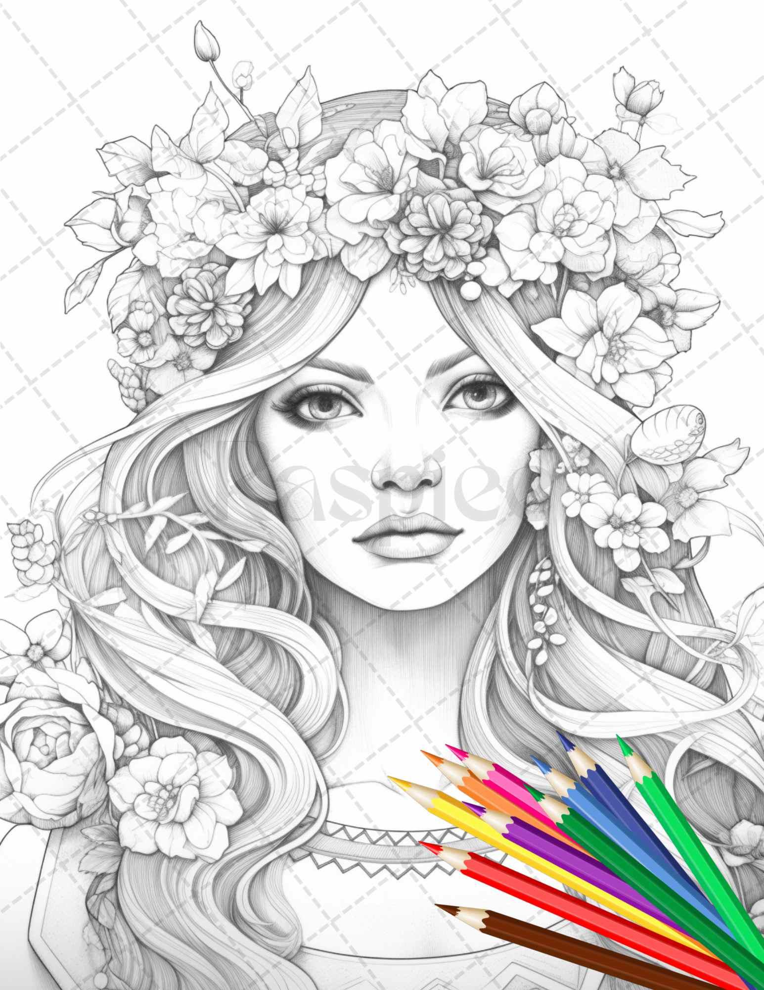 38 Flower Goddess Coloring Pages Printable for Adults, Grayscale Coloring Page, PDF File Instant Download