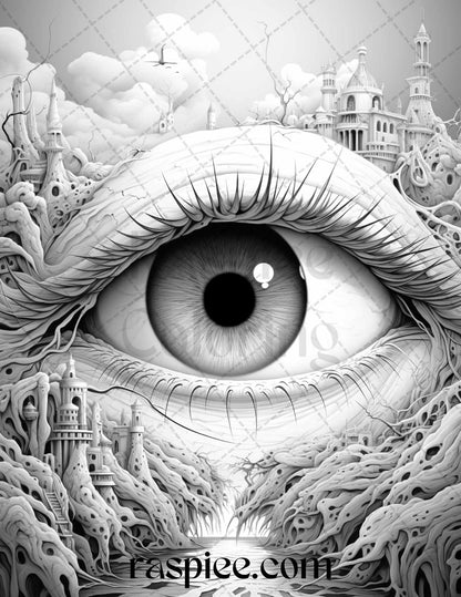 40 Surrealism Eyes Grayscale Coloring Pages Printable for Adults, PDF File Instant Download