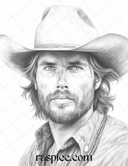 45 Wild West Cowboys Grayscale Coloring Pages Printable for Adults, PDF File Instant Download