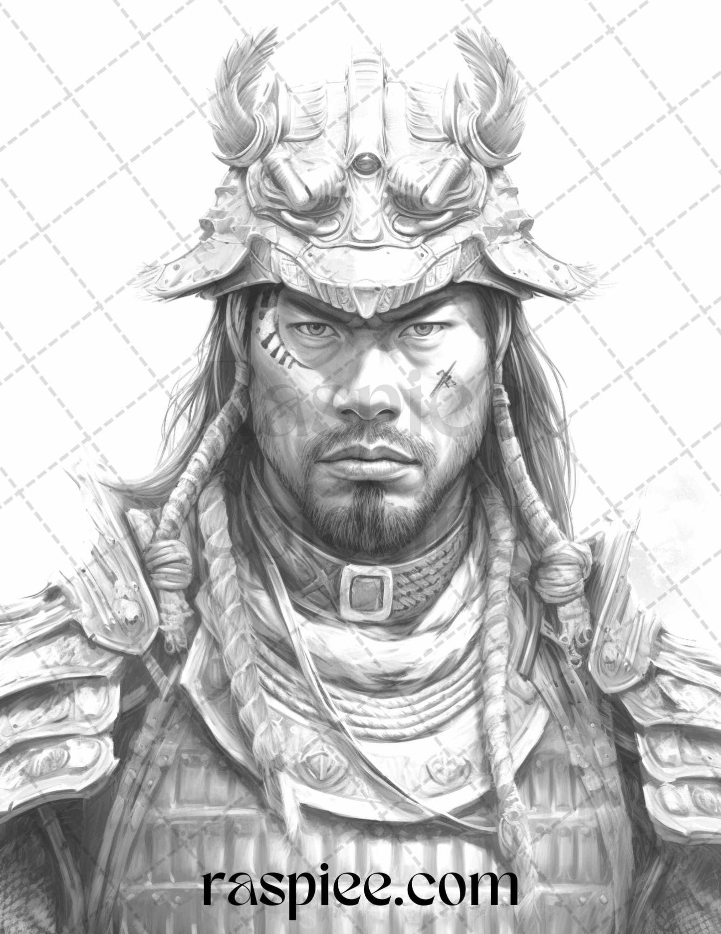 42 Japanese Samurai Grayscale Coloring Pages for Adults, Printable PDF File Instant Download