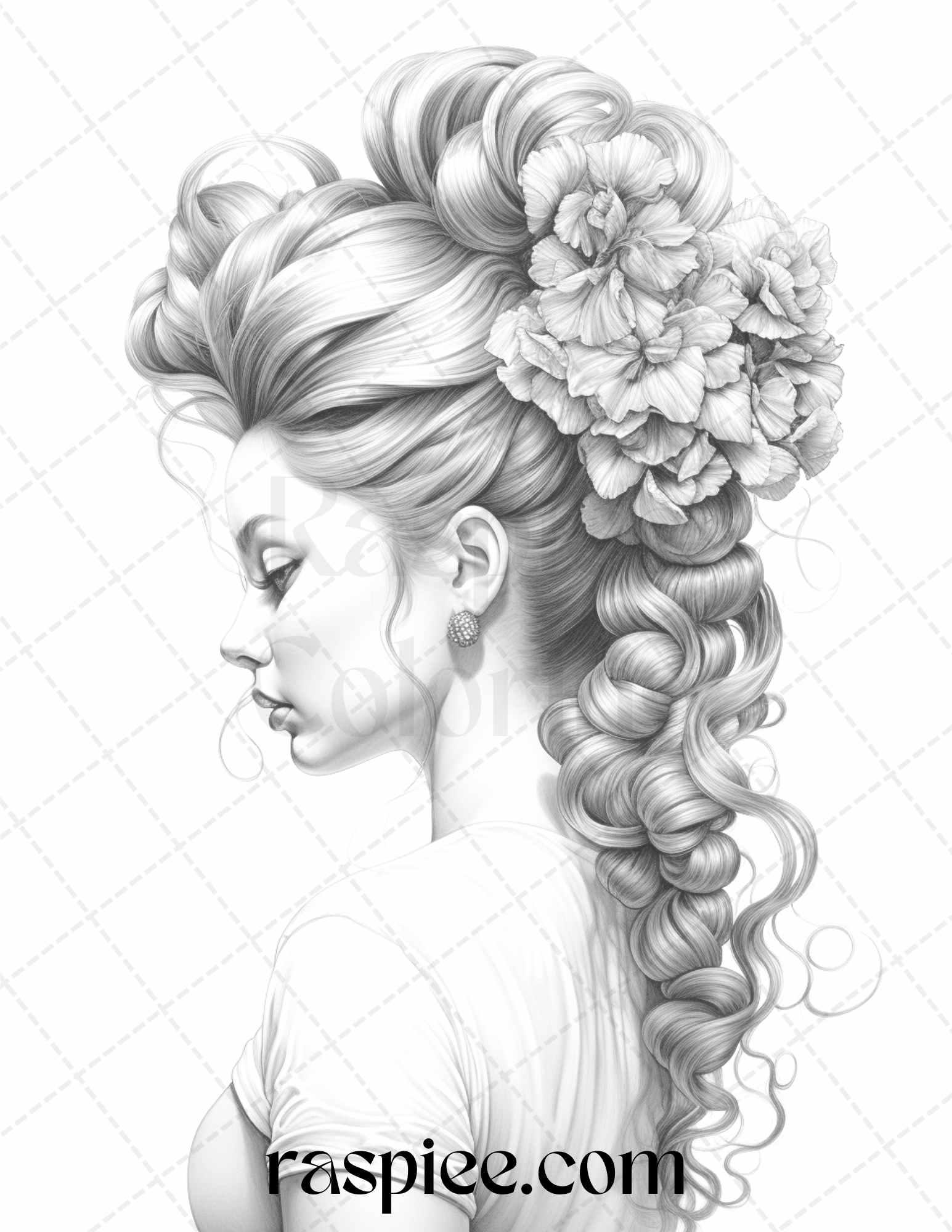 43 Beautiful Hairstyles Grayscale Coloring Pages Printable for Adults, PDF File Instant Download