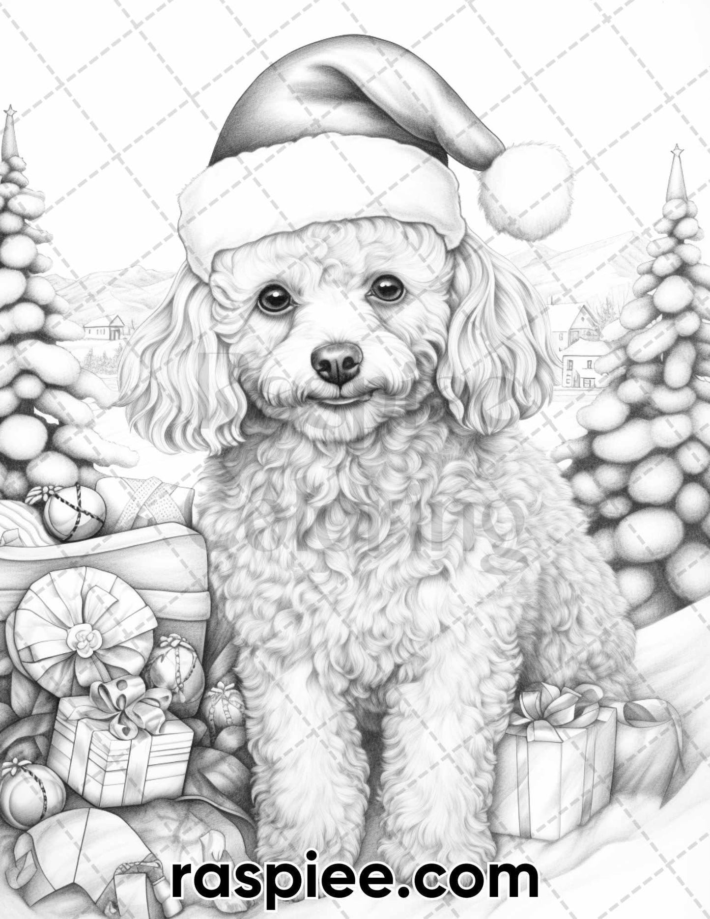 45 Christmas Dogs Grayscale Coloring Pages for Adults, Printable PDF Instant Download