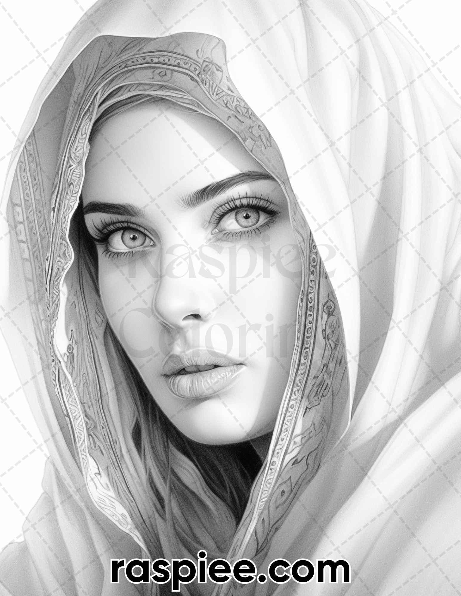 42 Arabian Woman Portrait Gayscale Coloring Pages for Adults, Printable PDF Instant Download