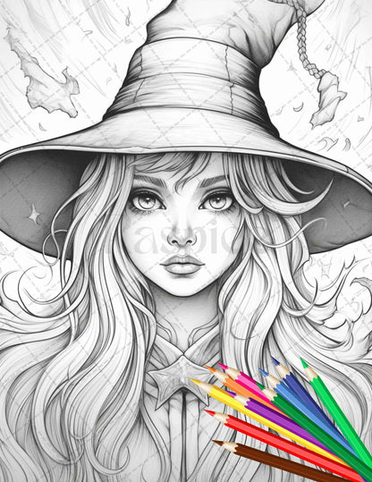 40 Cute Witches Coloring Pages Printable for Adults, Grayscale Coloring Page, PDF File Instant Download