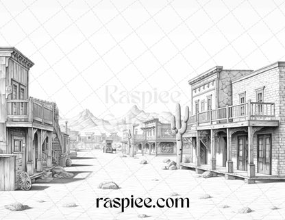 40 Wild West Towns Grayscale Coloring Pages Printable for Adults, PDF File Instant Download