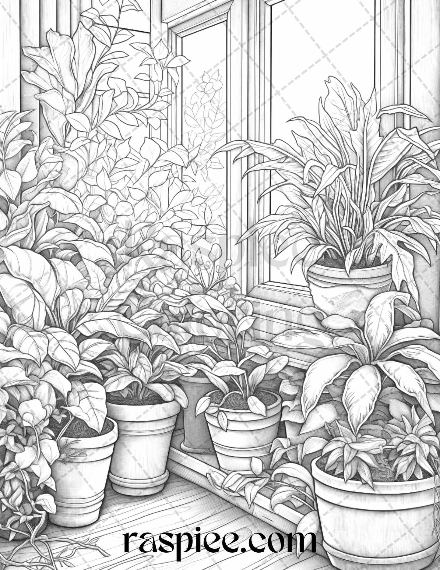 40 Window Plants Grayscale Coloring Pages Printable for Adults, PDF File Instant Download