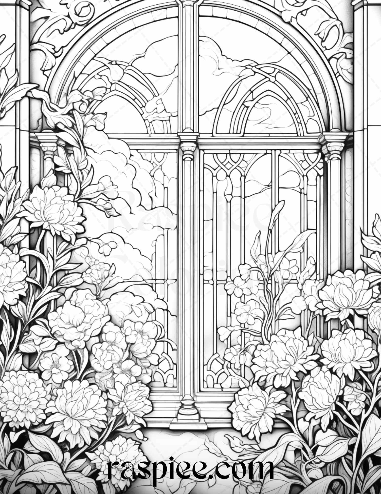 50 Blooming Windows Grayscale Coloring Pages Printable for Adults, PDF File Instant Download