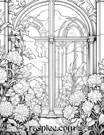 50 Blooming Windows Grayscale Coloring Pages Printable for Adults, PDF File Instant Download