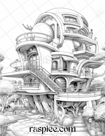 43 Futuristic Houses Grayscale Coloring Pages Printable for Adults, PDF File Instant Download