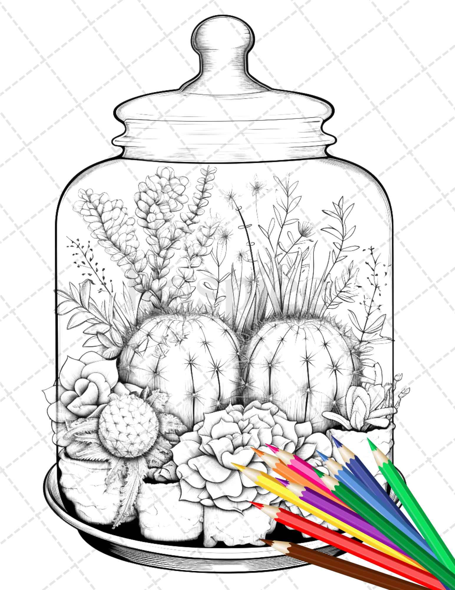 34 Enchanted Terrarium Grayscale Coloring Pages Printable for Adults, PDF File Instant Download