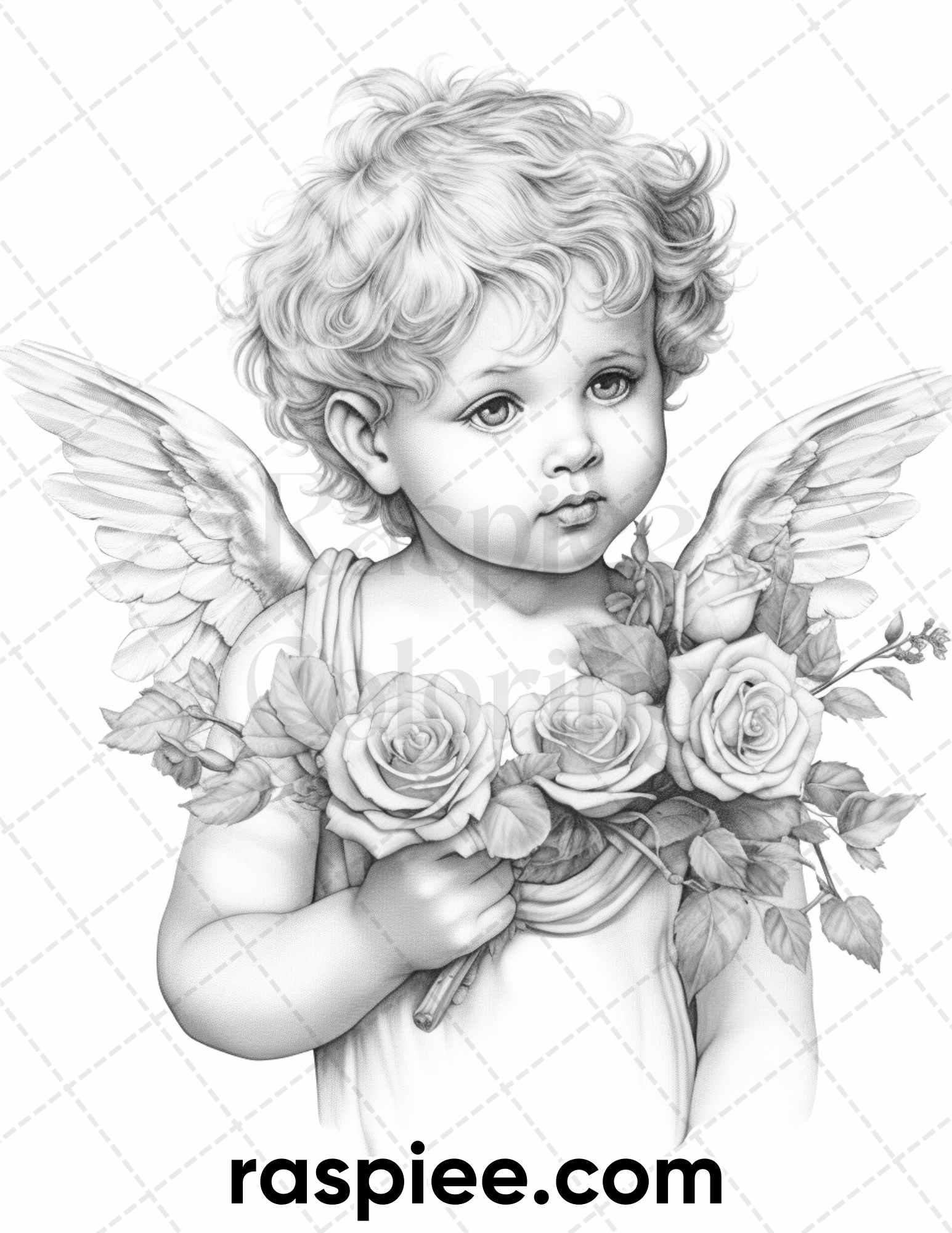 40 Valentine's Day Cupid Grayscale Adult Coloring Pages, Printable PDF Instant Download