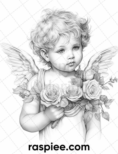 40 Valentine's Day Cupid Grayscale Adult Coloring Pages, Printable PDF Instant Download