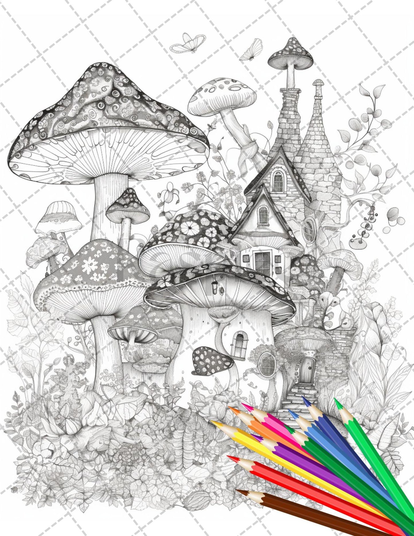 32 Whimsical Mushroom House Coloring Pages for Adults, Grayscale Coloring Book, Printable PDF File Download