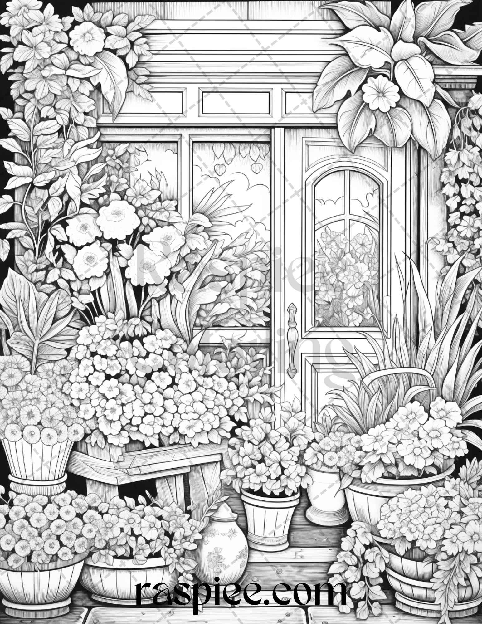 45 Flower Store Front Grayscale Coloring Pages Printable for Adults, PDF File Instant Download