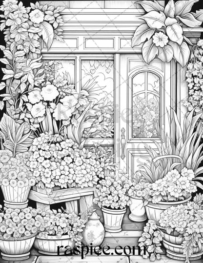 45 Flower Store Front Grayscale Coloring Pages Printable for Adults, PDF File Instant Download