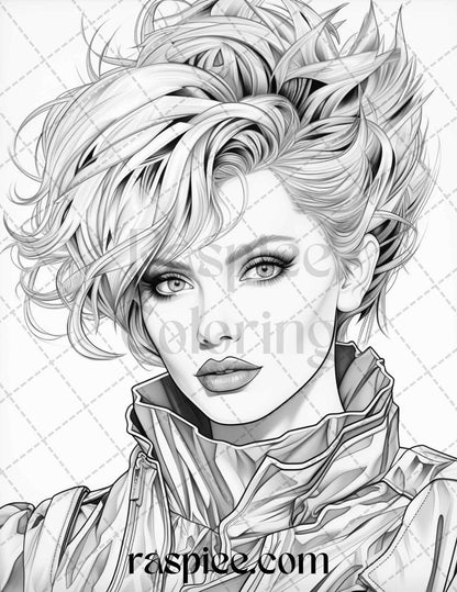 1980s New Wave Pop Star Grayscale Coloring Pages Printable for Adults, PDF File Instant Download