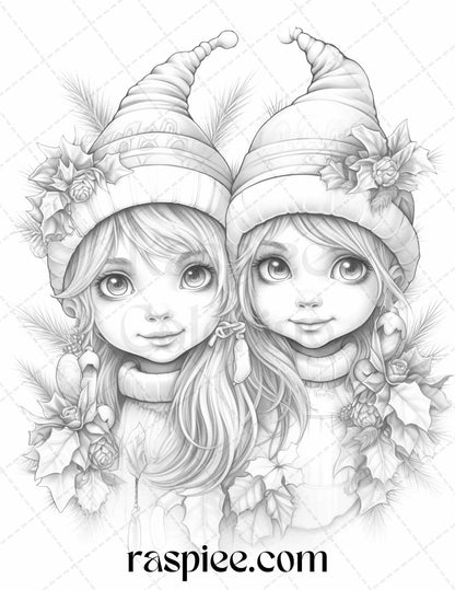 110 Christmas Elves Grayscale Coloring Pages Printable for Adults Kids, PDF File Instant Download