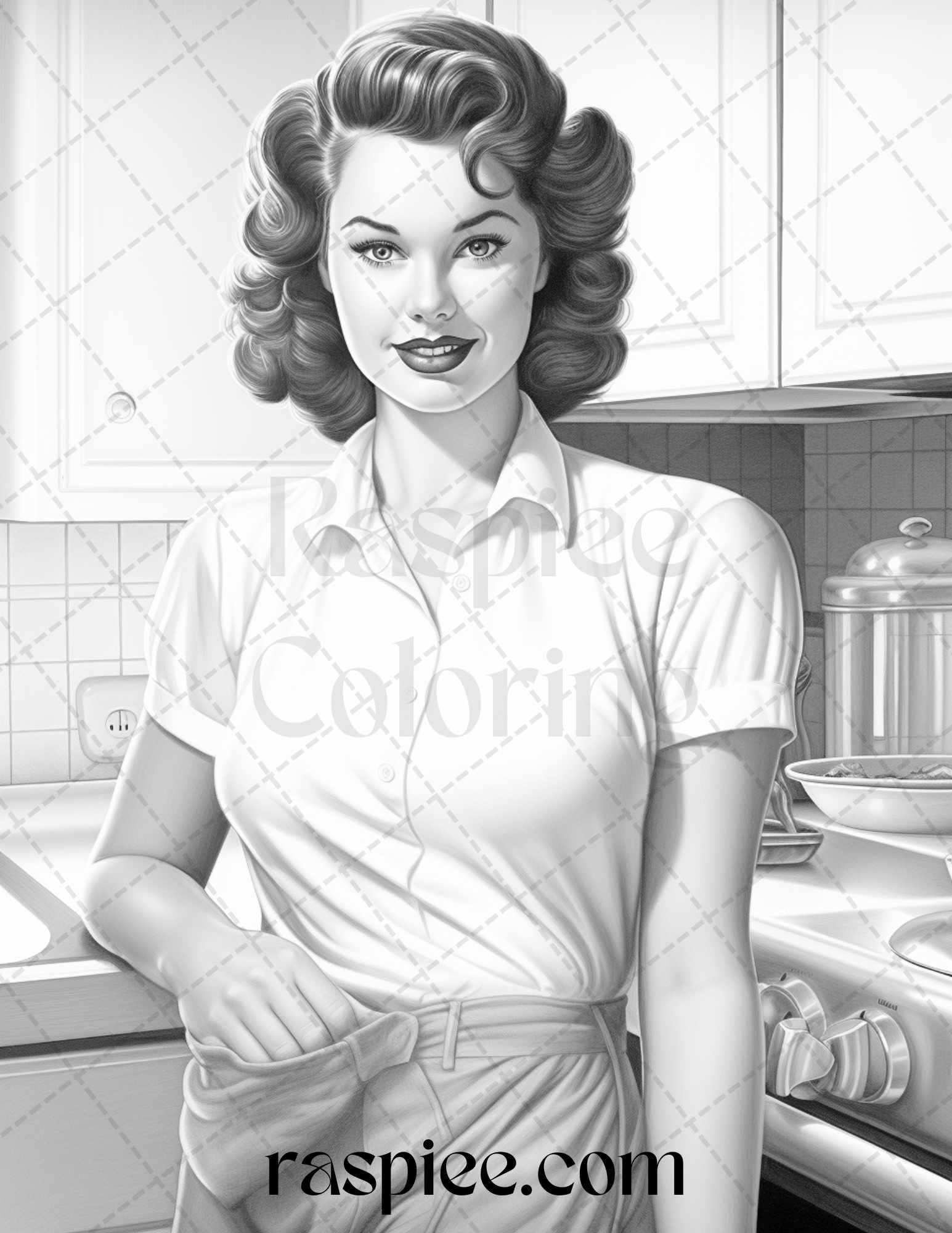 40 Retro Housewives Grayscale Coloring Pages for Adults, Printable PDF File Instant Download