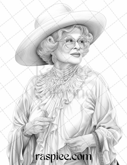 40 Fashionista Grandma Grayscale Coloring Pages Printable for Adults, PDF File Instant Download