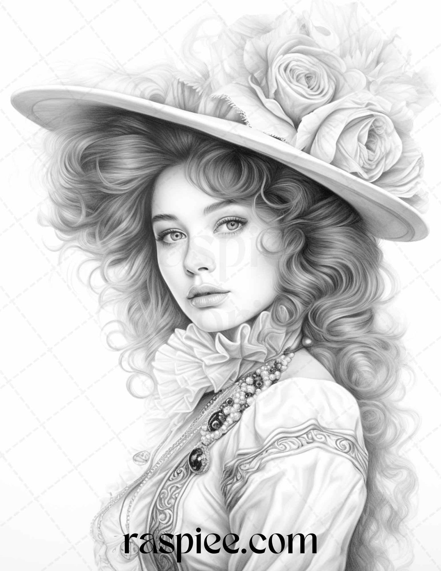 40 Baroque Women Portrait Grayscale Adult Coloring Pages Printable, PDF File Instant Download