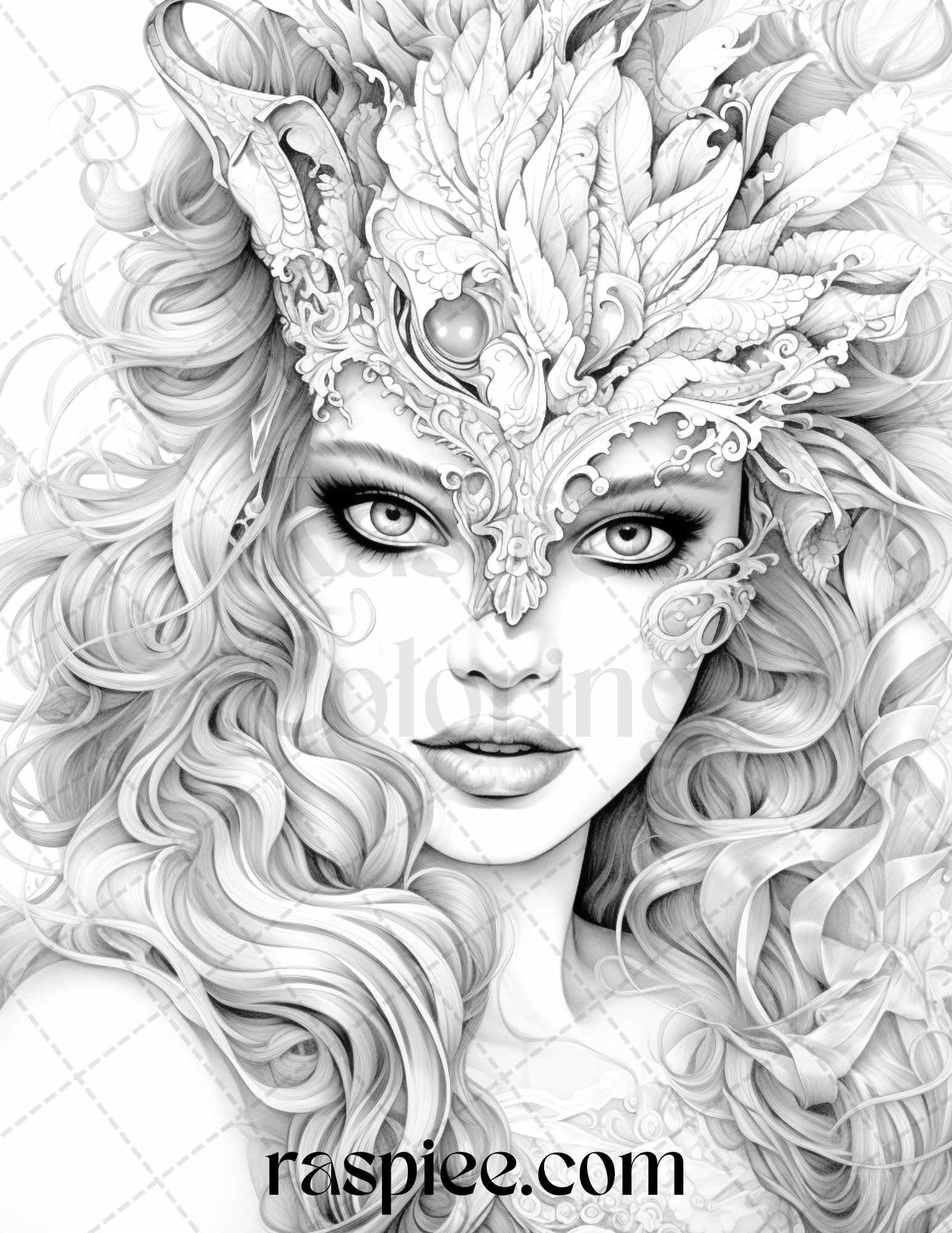 40 Masquerade Girls Grayscale Coloring Pages Printable for Adults, PDF File Instant Download