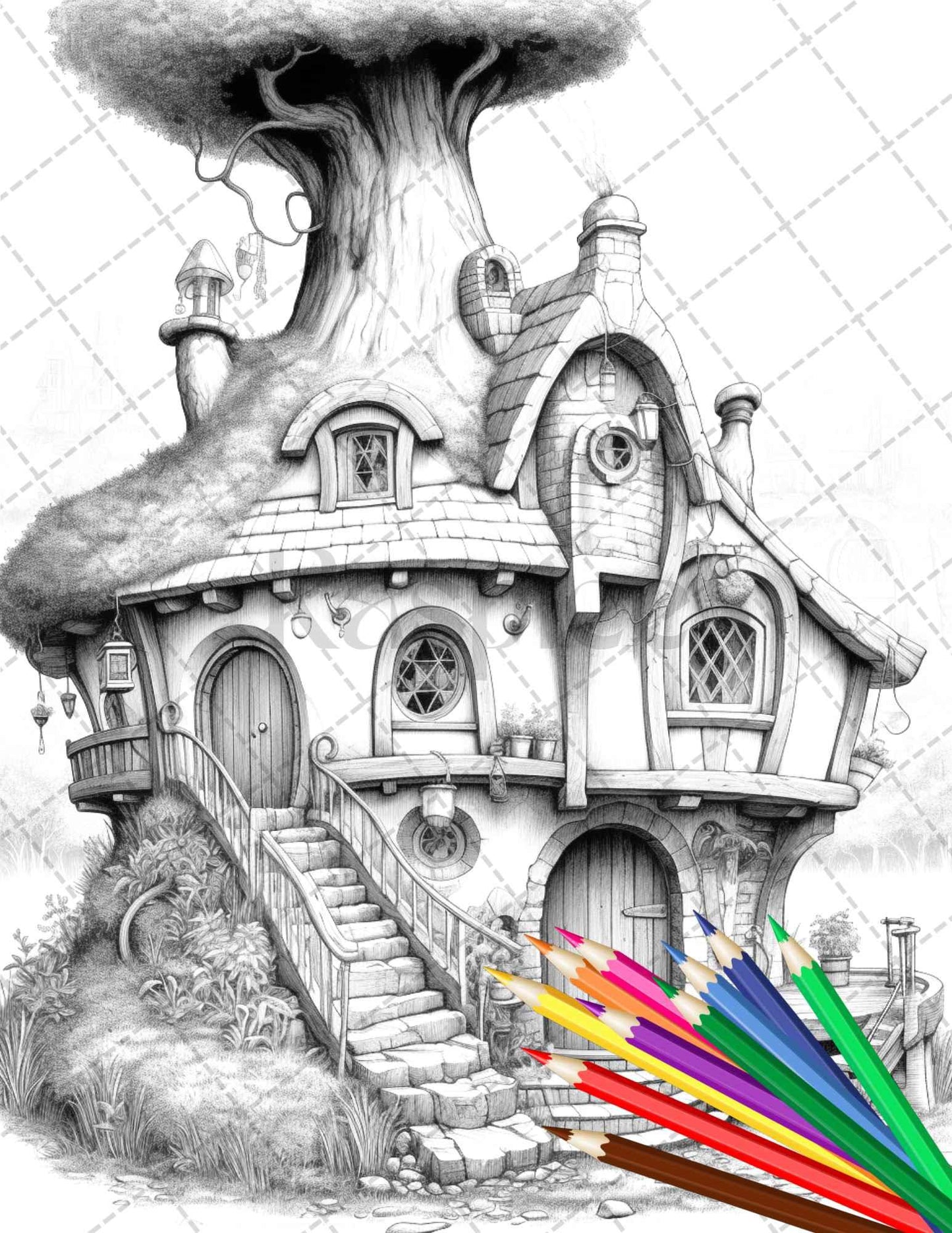 43 Enchanted Hobbiton Houses Grayscale Coloring Pages Printable for Adults, PDF File Instant Download