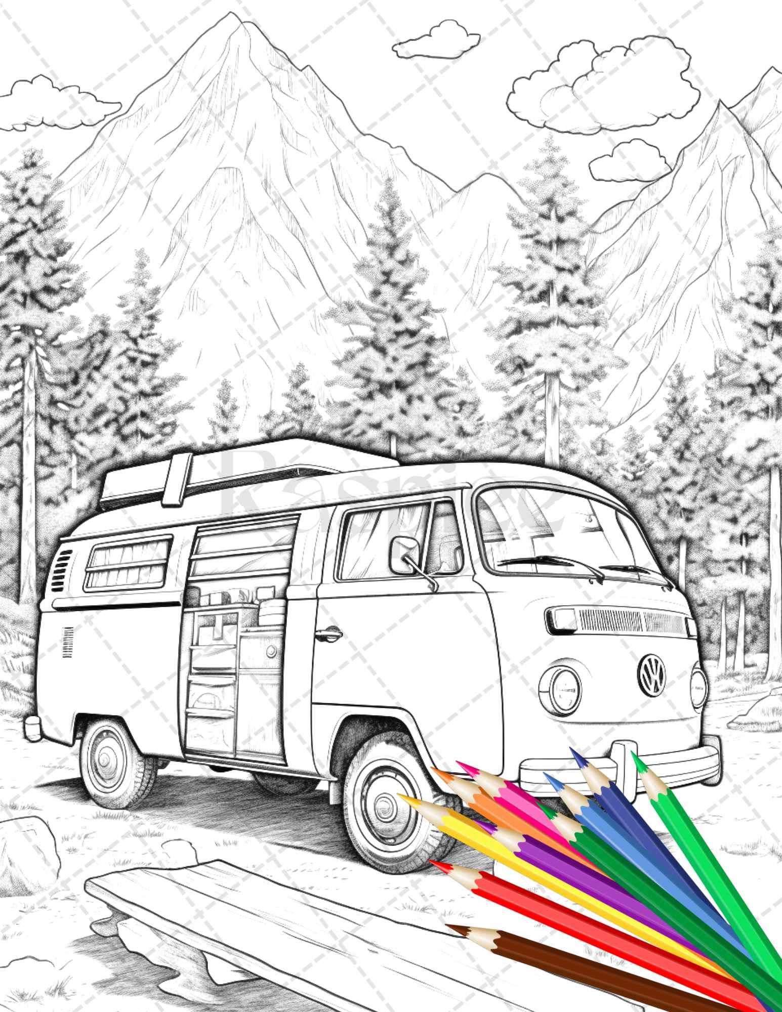 30 Campervan Adventure Grayscale Coloring Pages Printable for Adults, PDF File Instant Download