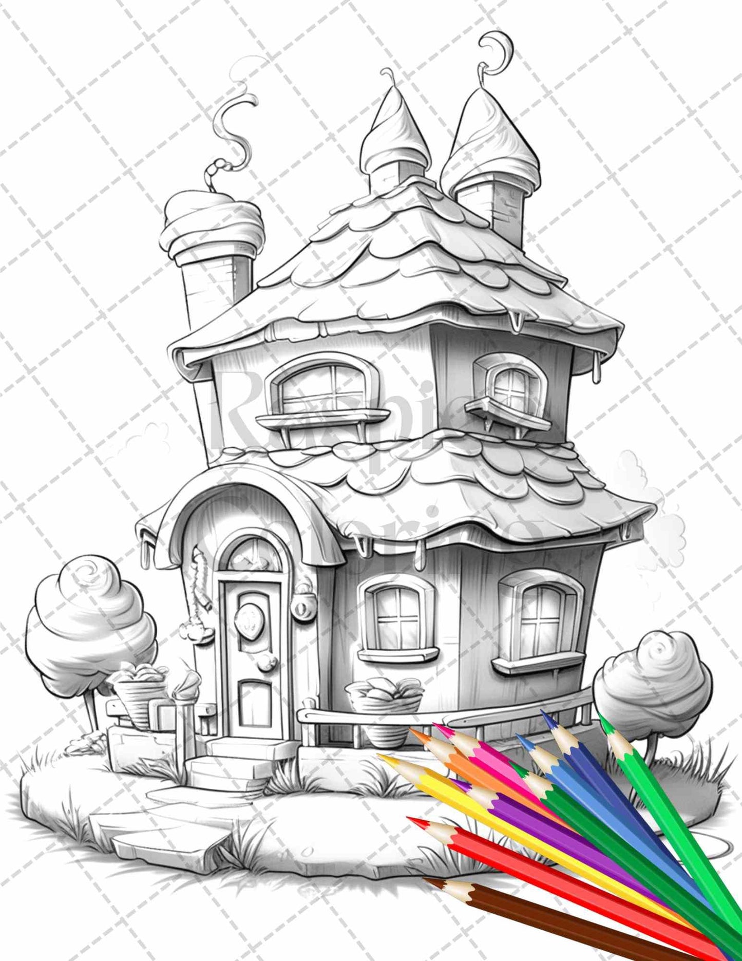 50 Adorable Cake Houses Grayscale Coloring Pages Printable for Adults and Kids, PDF File Instant Download