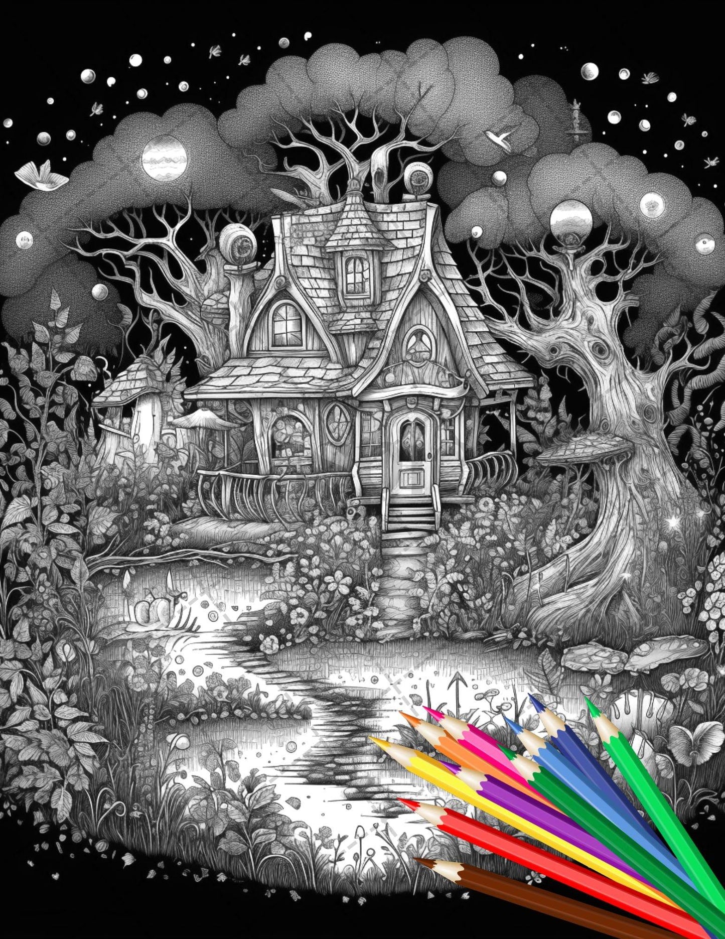 30 Fantasy Fairy Houses Coloring Page Book, Printable Adult Coloring Pages, Enchanted Fairy Home Grayscale Coloring Book, Printable PDF File