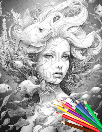 40 Enchanted Mermaid Grayscale Coloring Pages Printable for Adults, PDF File Instant Download