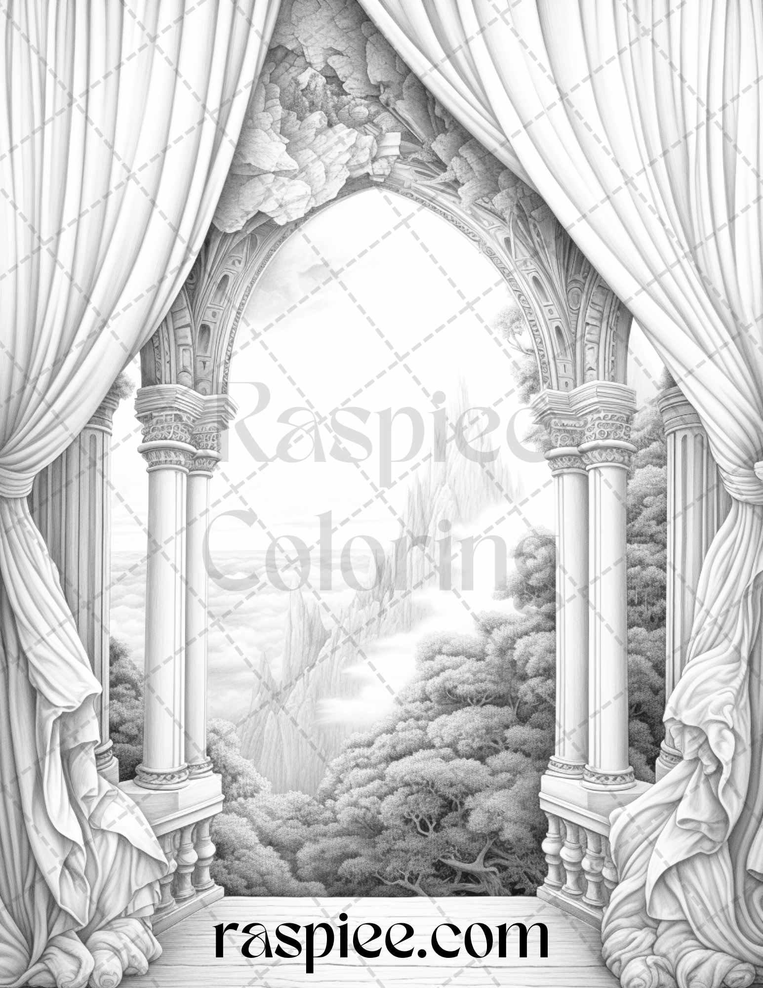 40 Window to Fantasy Worlds Grayscale Coloring Pages Printable for Adults, PDF File Instant Download