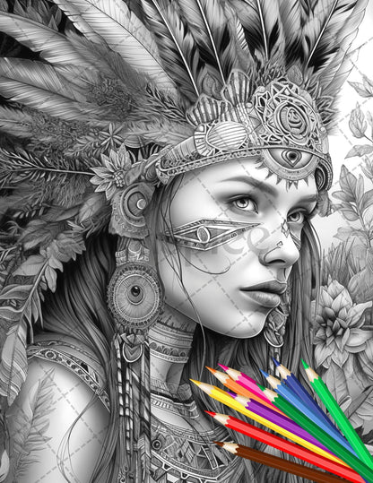 30 Native American Girls Printable Coloring Pages for Adult, Native American Culture Grayscale Coloring Book, Printable PDF File Download