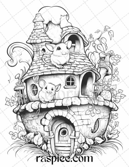 40 Magical Mouse Houses Grayscale Coloring Pages Printable for Adults, PDF File Instant Download