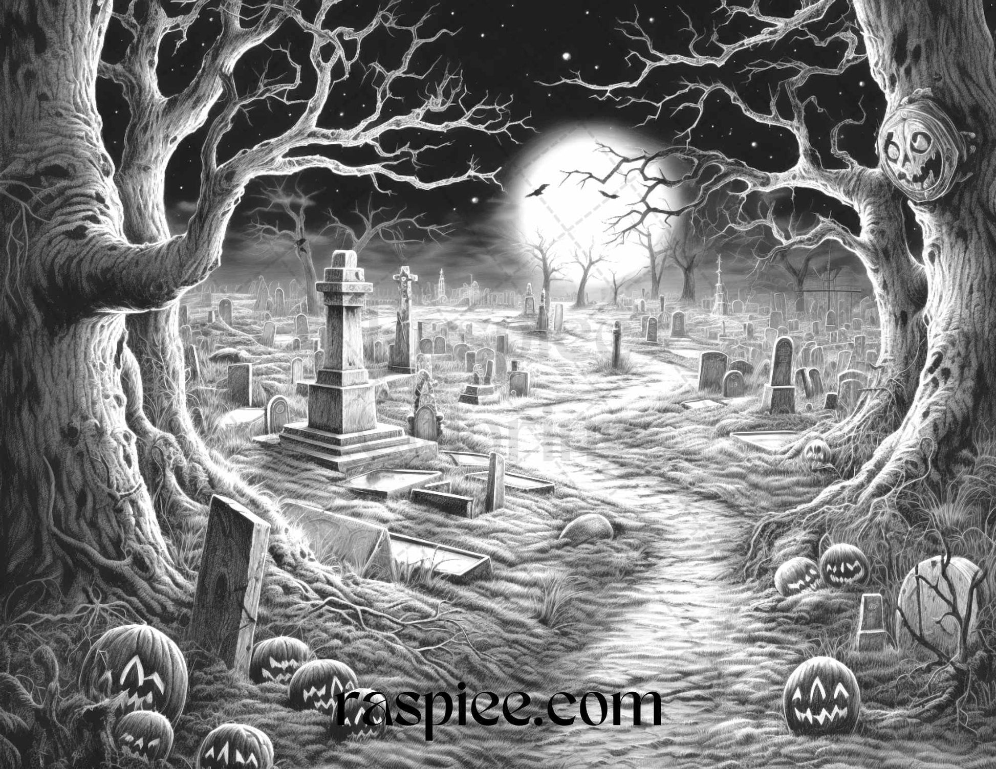 40 Halloween Landscapes Grayscale Coloring Pages Printable for Adults, PDF File Instant Download