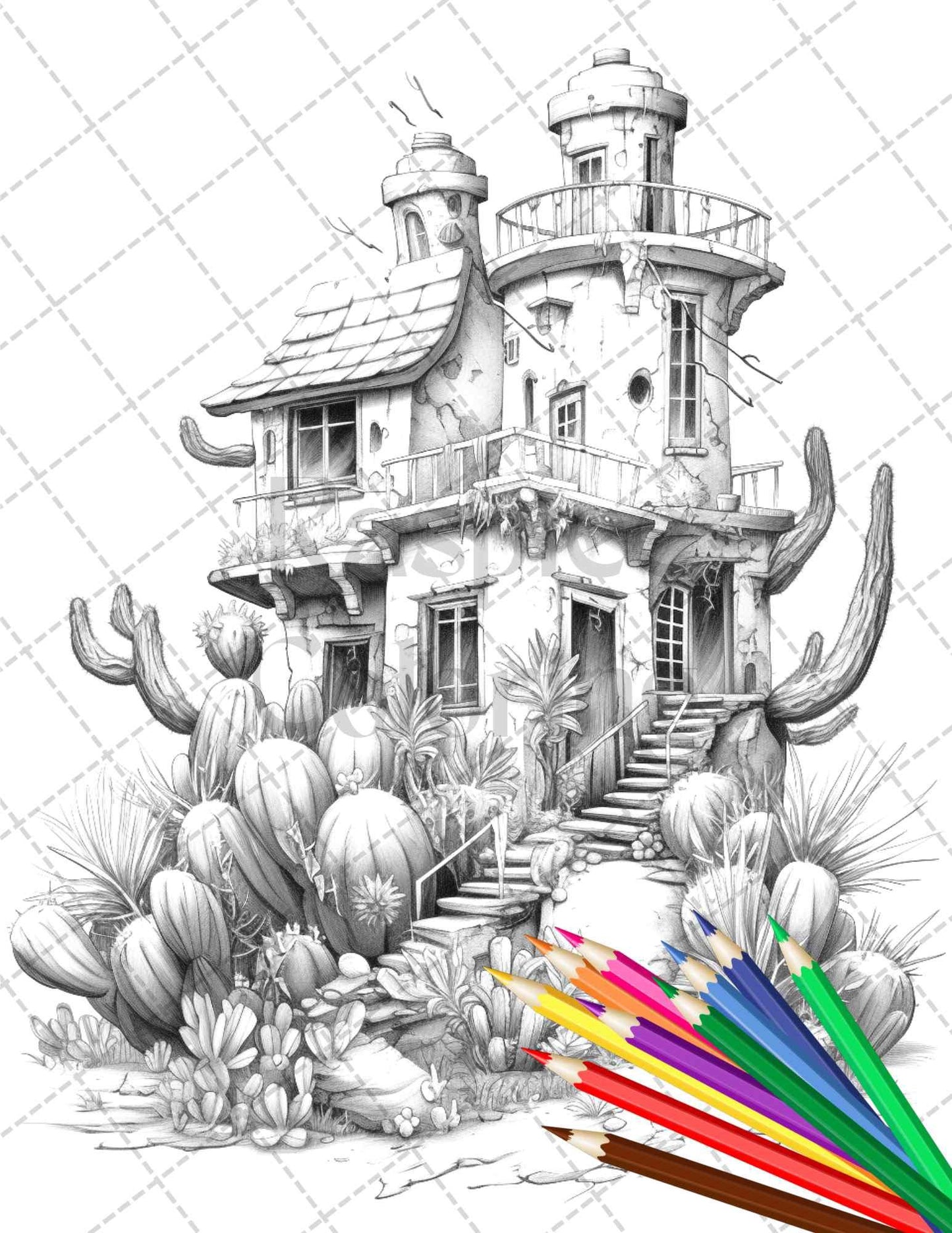 46 Fantasy Cactus Houses Grayscale Coloring Pages Printable for Adults, PDF File Instant Download