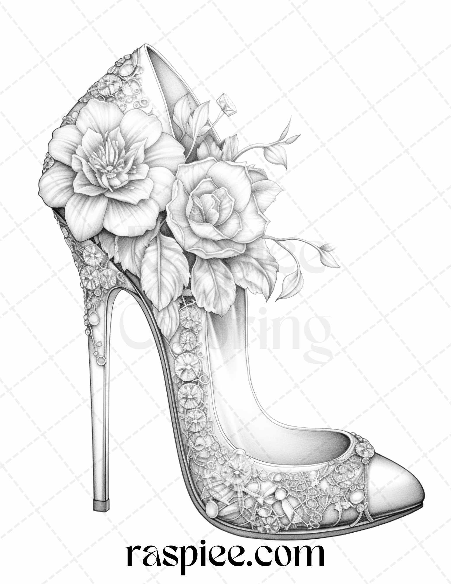 40 Flower Wedding Shoes Grayscale Coloring Pages Printable for Adults, PDF File Instant Download